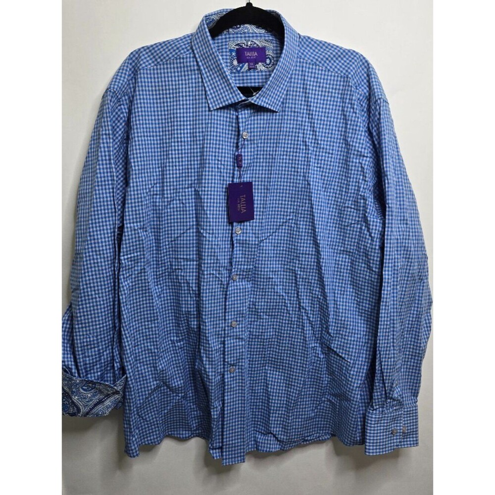 Tallia Dress Shirt XXL 18.5 Blue Plaid Paisley Flip Cuff Button Front Work Long